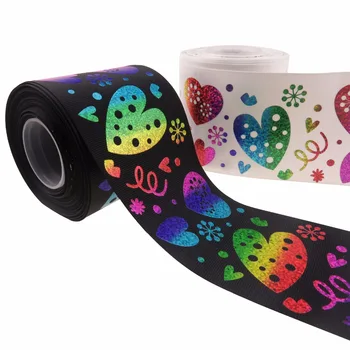 

Shipping free 3 '' 75mm wholesale heart design holographic ribbon with cutom accept ,100yard