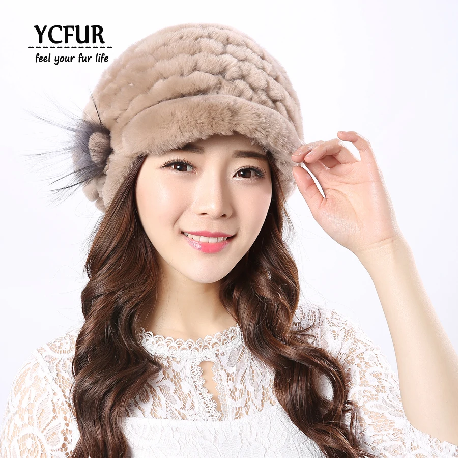 

[YCFUR] Women's Hats Caps Winter Autumn Knit Real Rex Rabbit Fur Beanies With Silver Fox Fur Flower Hat Beanie Female