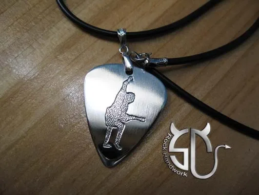 

Free shipping rock band ACDC guitarist angus young handmade stainless steel pick necklace for rock fans