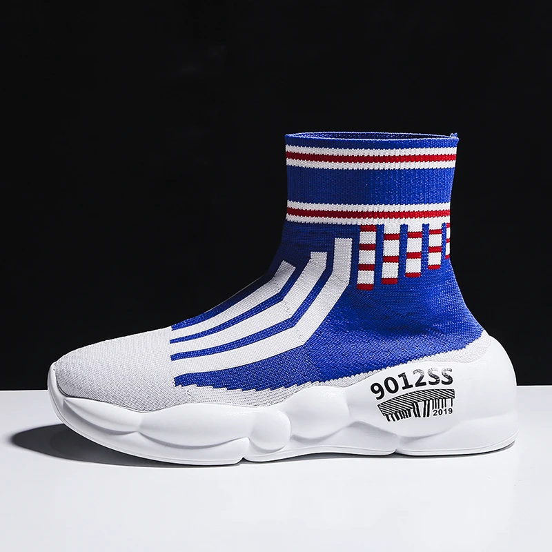 

Sneakers Women Mesh Knitted Slip-On Black Platform Sneakers Fashion Flats Casual Striped High Top Chunky Ladies Shoes A927w