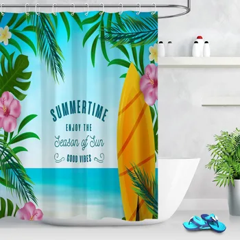 

Hawaii Red Yellow Flower Green Tropical Plant Surfboard Bathroom Waterproof Shower Curtain 12 Hooks Sets Polyester Cloth Fabric