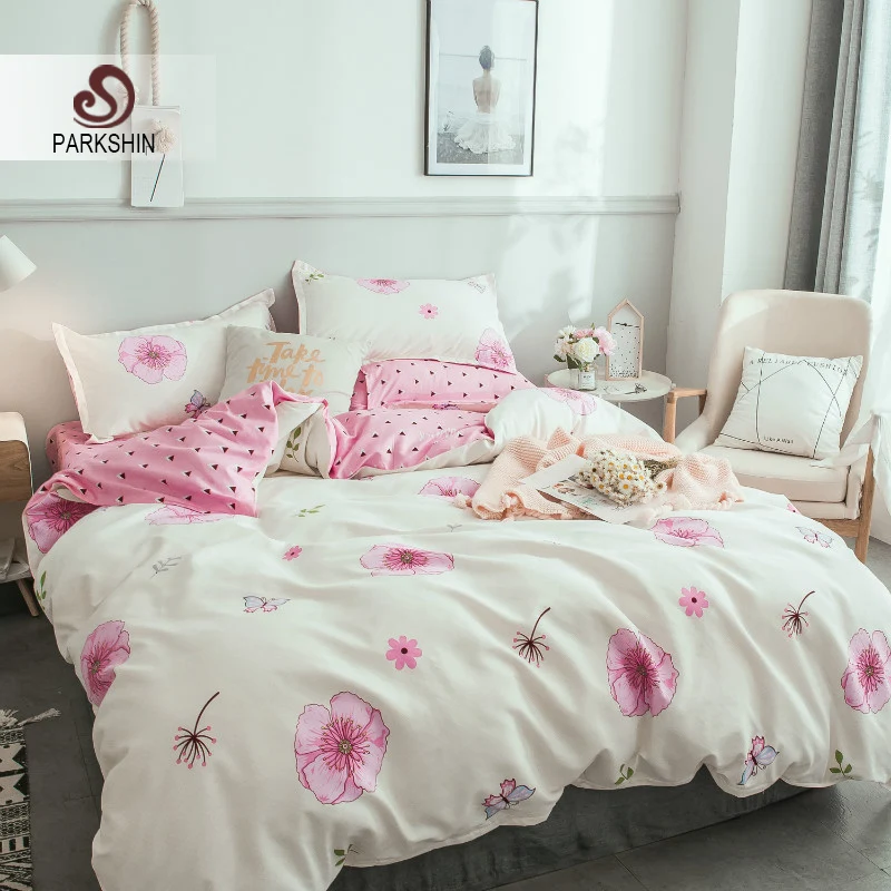 cheap ParkShin Fashion Flower Bedding Set Soft Duvet Cover Bed Linen Pillowcase Flat Sheet Single Double Queen King Size For Girl