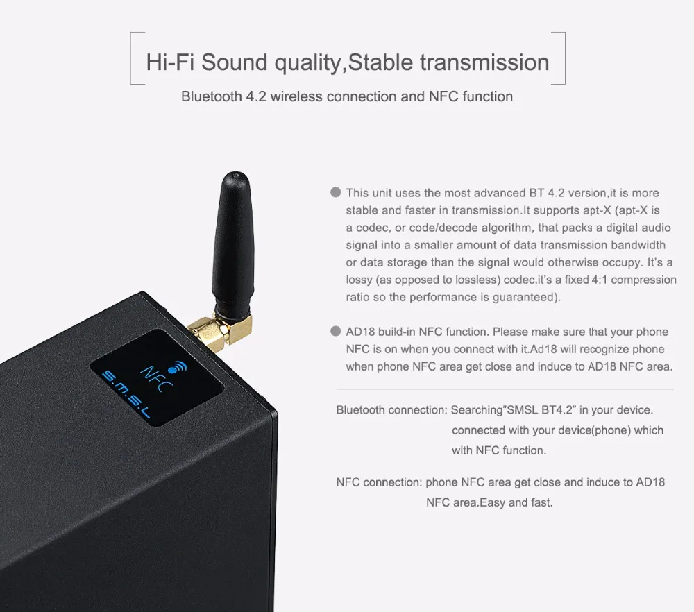 SMSL AD18 Hi-Fi аудио стерео усилитель Bluetooth 4,2 полный цифровой усилитель мощности поддержка Apt-X USB DSP 2,1 для динамика