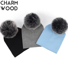 Маленькие девочки и мальчики от 6 месяцев до 3 лет, Шапка-бини, Осенний хлопковый помпон из лисьего меха, шапочки-бини для новорожденных детей, простые шапки