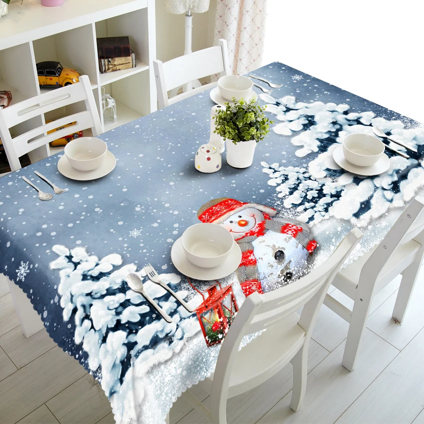 

New Year 3D Round Tablecloth Colorful Christmas Snowman Pattern Thicken Polyester Cotton Rectangular Table Cloth Home Decoration