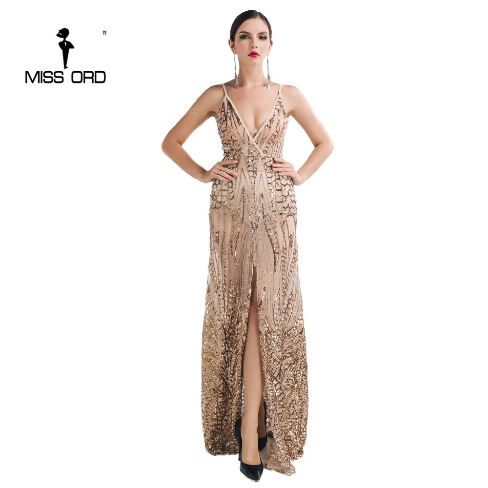 

Missord 2019 Sexy V-neck split party dress sequin maxi dress FT5139-1