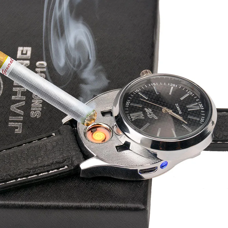 Watch men Rechargeable USB Lighter Watches Electronic Quartz Wristwatches Windproof Flameless