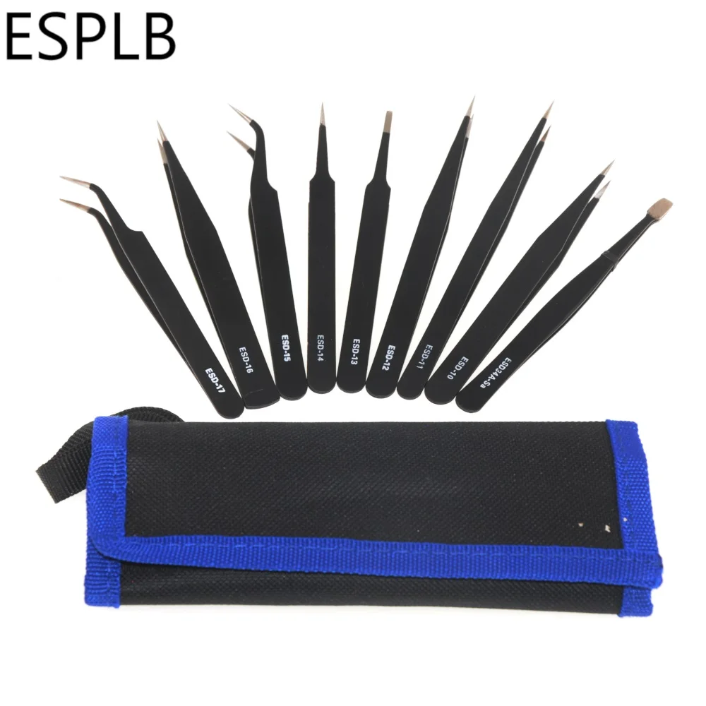 

9pcs/Set Tweezers ESD Stainless Steel Precision Anti-Static Industrial Repair Tools Tweezers for Electronics Soldering Crafting