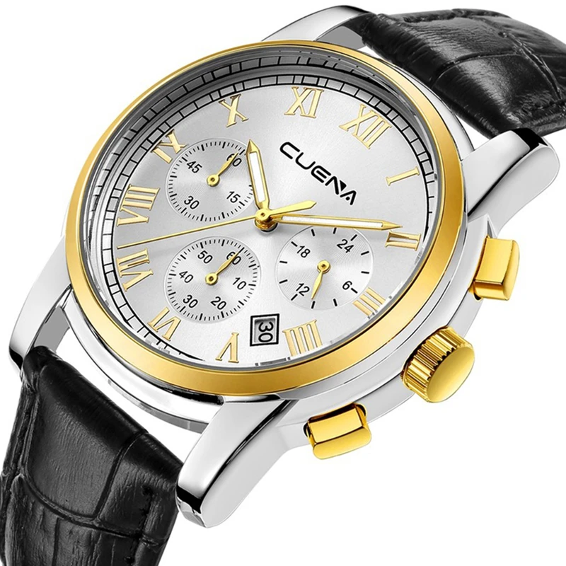 

CUENA Genuine Leather Mens Watches Top Brand Luxury Waterproof Quartz Movement Wristwatches Relojes Male Clock Relogio Masculino