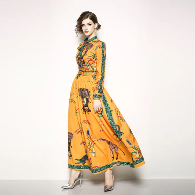 

Runway Designer Floral Long Dress 2019 New Fashion Womens Full Sleeve Vintage Printed Casual Maxi Dress Vestido De Festa