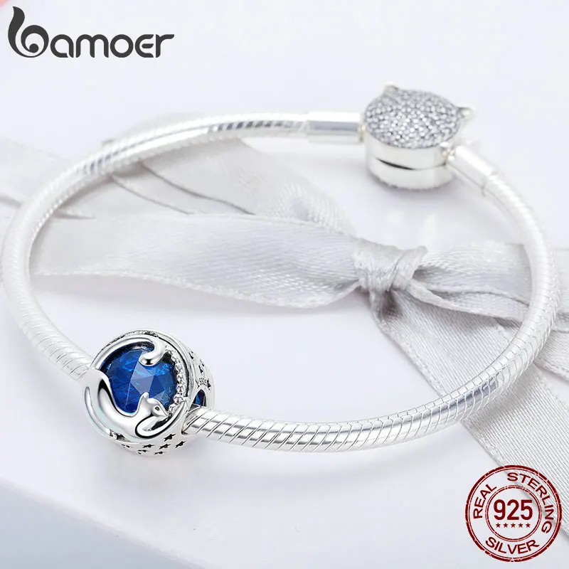 BAMOER 100% 925 Sterling Silver Playing Kitten Cat Blue CZ Charm Beads fit Charm Bracelet & Bangles DIY Jewelry Making SCC708