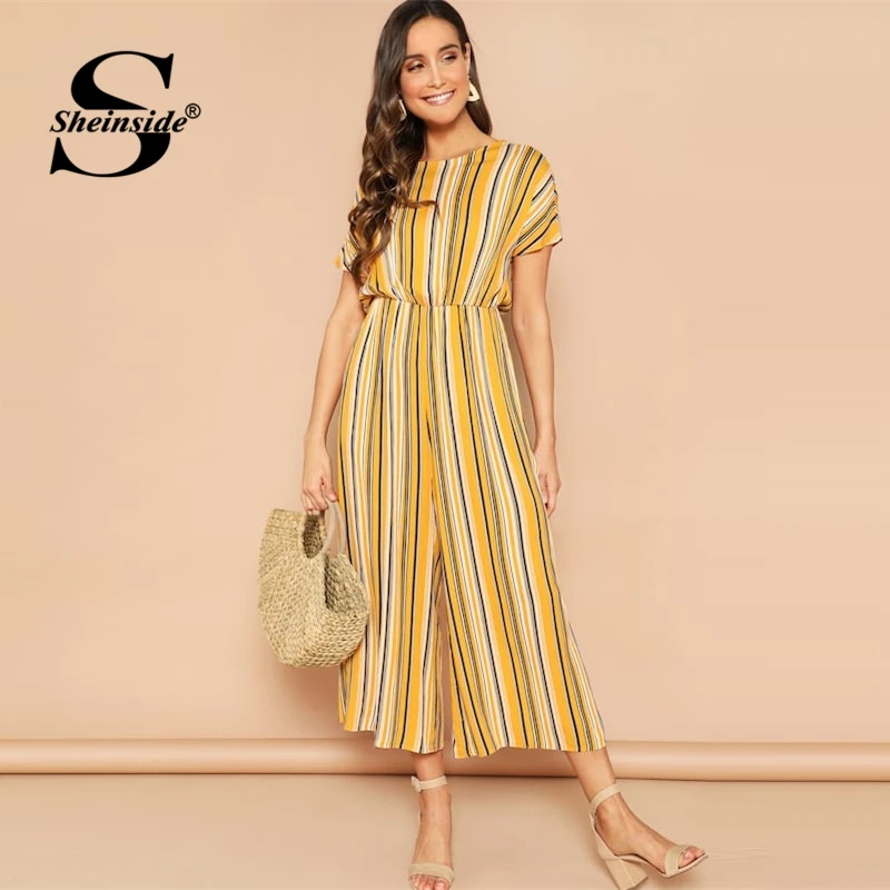 

Sheinside Casual Cross Backless Lace Up Wide Leg Jumpsuit Women 2019 Summer Short Sleeve Jumpsuits Ladies Srtipe Print Jumpsuit