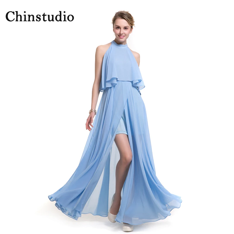 Chinstudio 2018 Весна для женщин сплошной цвет Холтер шифон Вечеринка голубое платье