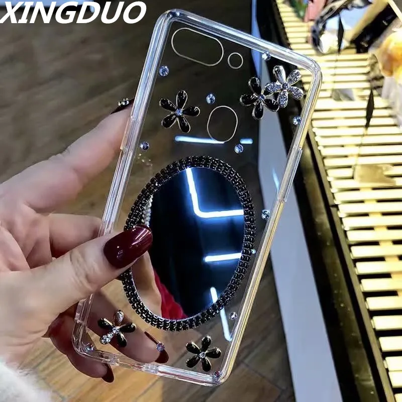 

XIGDNUO Transparent shell Jewelled flower bow for iphone X XS XR XS MAX girl makeup mirror Diamonds case for iphone6 6s 7 8 plus