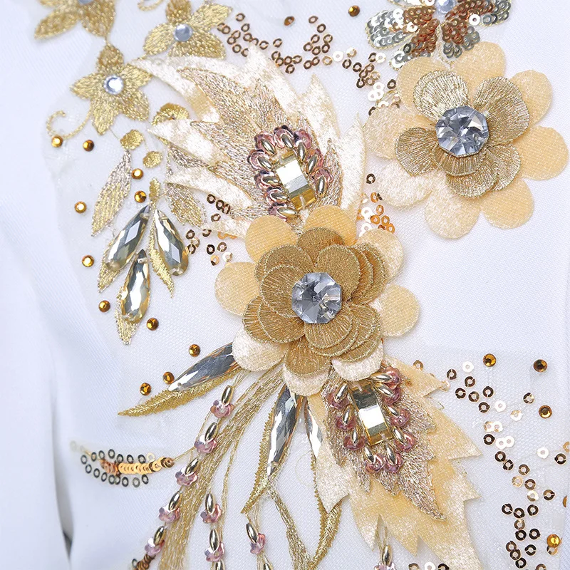 2019 китайский стиль белый воротник-стойка мужские костюмы золотые цветы пайетки Двухсекционный сценический куртка певца костюмы (куртка +