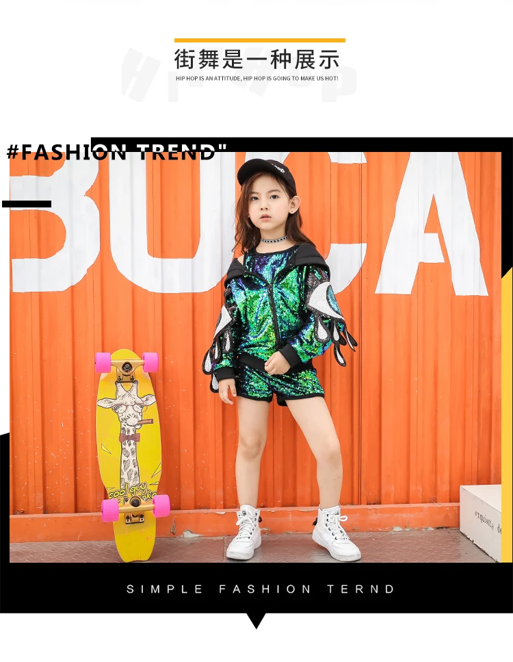 Kid Sequin Hip Hop Hoodies Jacket Clothing for Girls Crop Tank Top Shirt Shorts Jazz Dance Costume Ballroom Dancing Clothes Wear (9)