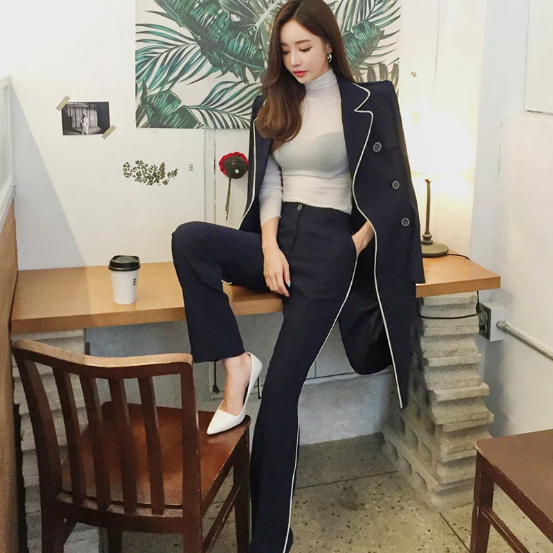 Deep amp; Manteau Bandage Double Blue Mode Crayon Automne Hiver Costumes Épais Élégant 2018 Femme Long Femmes Pantalon Breasted Blazer qWTFEvw01P