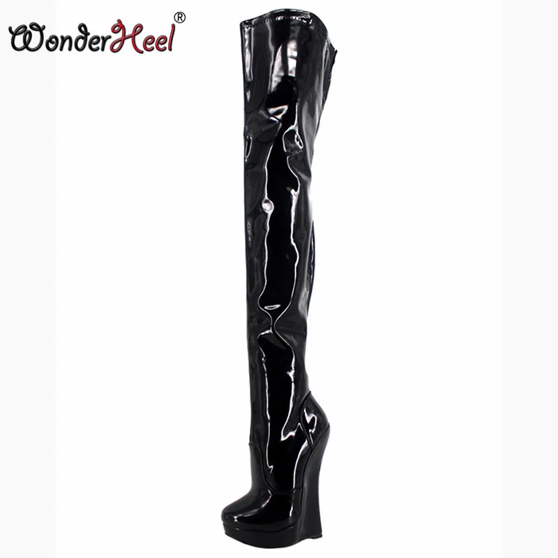 

Wonderheel New extreme high heel 18cm wedges thigh high boot sexy high heels crotch boots patent leather fashion show boots