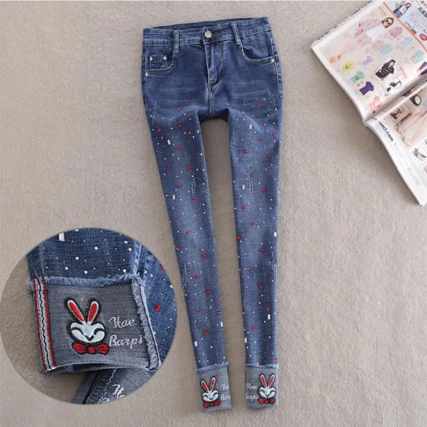 

stretch diamond beading jeans European cartoon rabbit ankle jeans female elastic waist diamond rhinestone pencil trousers wq2213