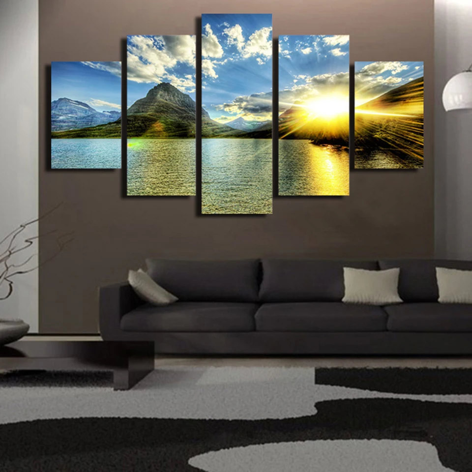 

HD Posters Wall Art Modern Pictures Home Decoration Frame 5 Panel Sunrise Mountain Landscape Living Room Printed Painting