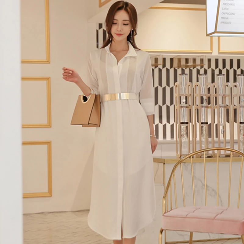 

2019 Autumn Full Sleeve Maxi Long Shirt Dress White Casual Mid-Calf Straight Office Work Vestidos
