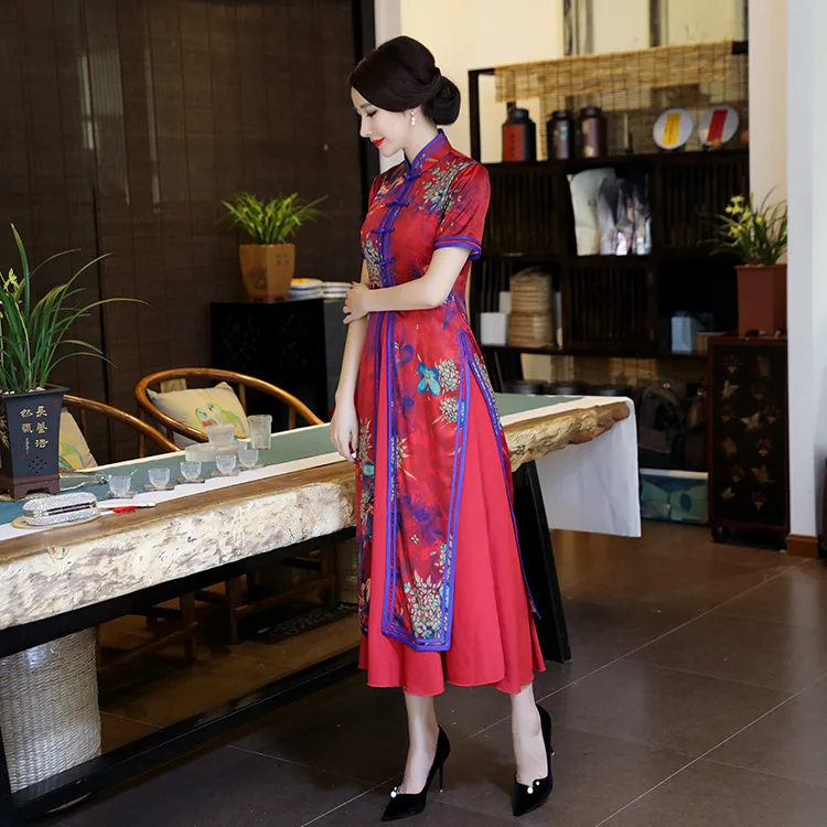 Красный Летнее Длинное винтажное китайское платье ченсам стиль Для женщин из 2 предметов Aodai Qipao район элегантный тонкий вечерние платье
