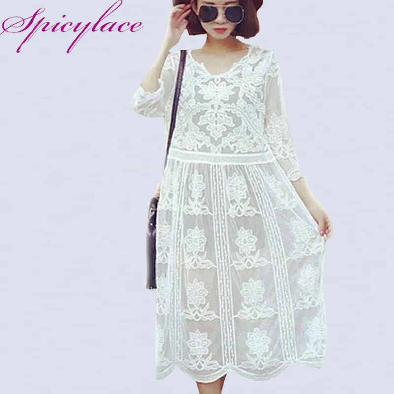 

Lady Loose Vintage Straight Vestidos Boho Dresses Fashion Women Top Brand White Long Sleeve Sheer Lace Crochet Lace Dress