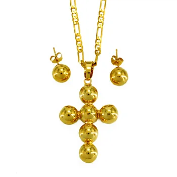 

Gold Color African Ethiopian Beads Crosses Ball Cross Chain Pendant Necklaces Earrings Jewelry sets for Women #J0765