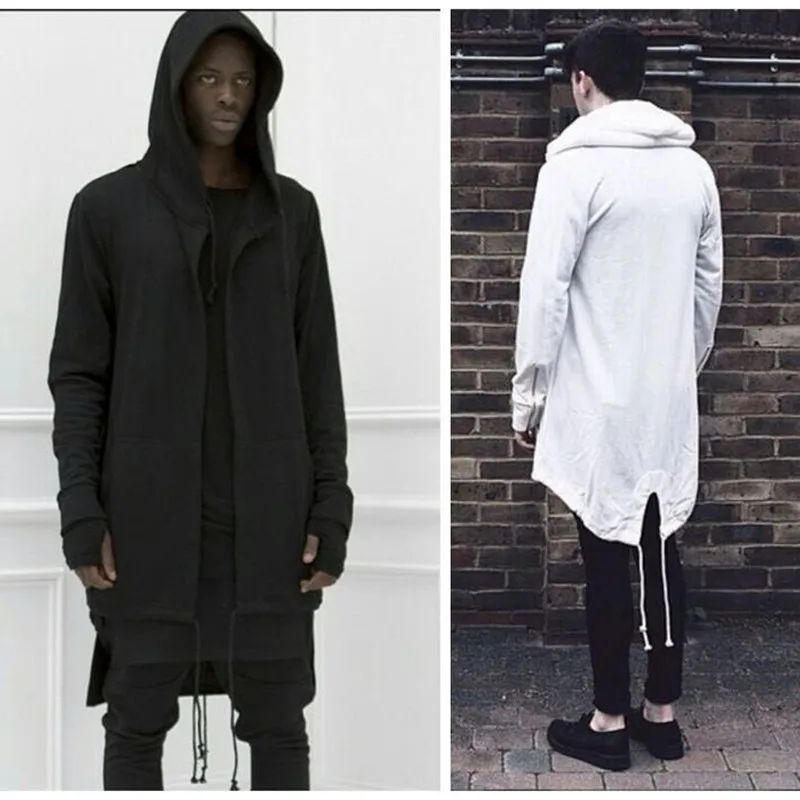 Men black long hoodie hip hop cardigan Irregular hooded cloak mens ...
