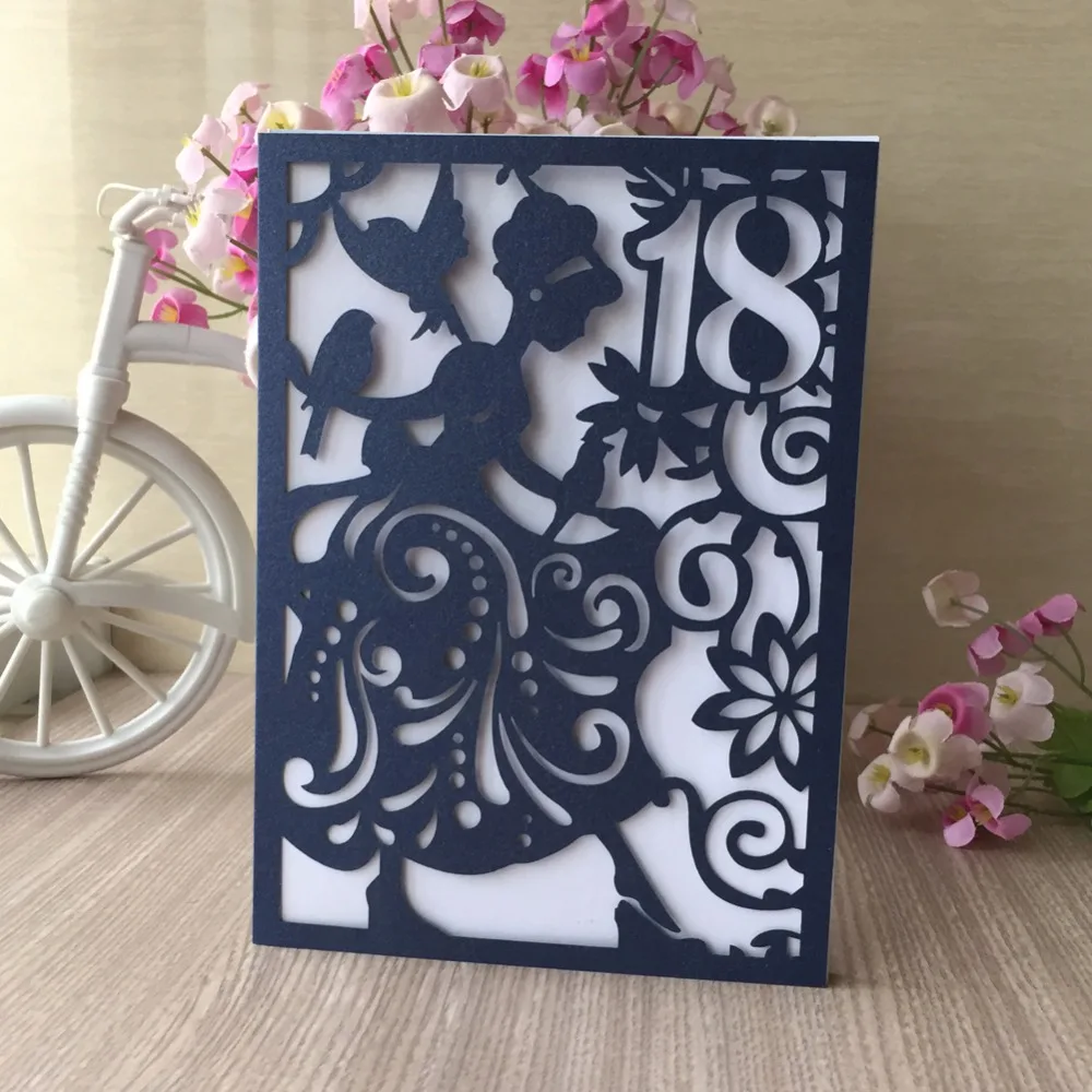 

50pcs/lot Laser Cut Pearl Paper Number 18 Princess Wedding Engagement Invitation Card Girls Graduation Ceremony Invitations