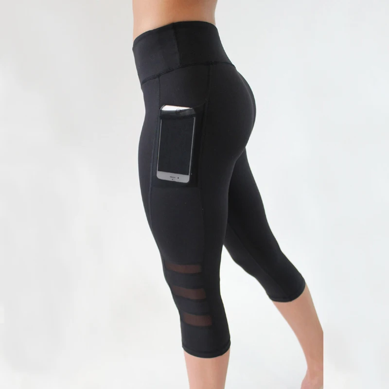 

Black Push Up Leggings Women High Waist Elastic Mesh Legging Sporting Sexy Fitness Legging Capris with Pocket Cropped Leggins