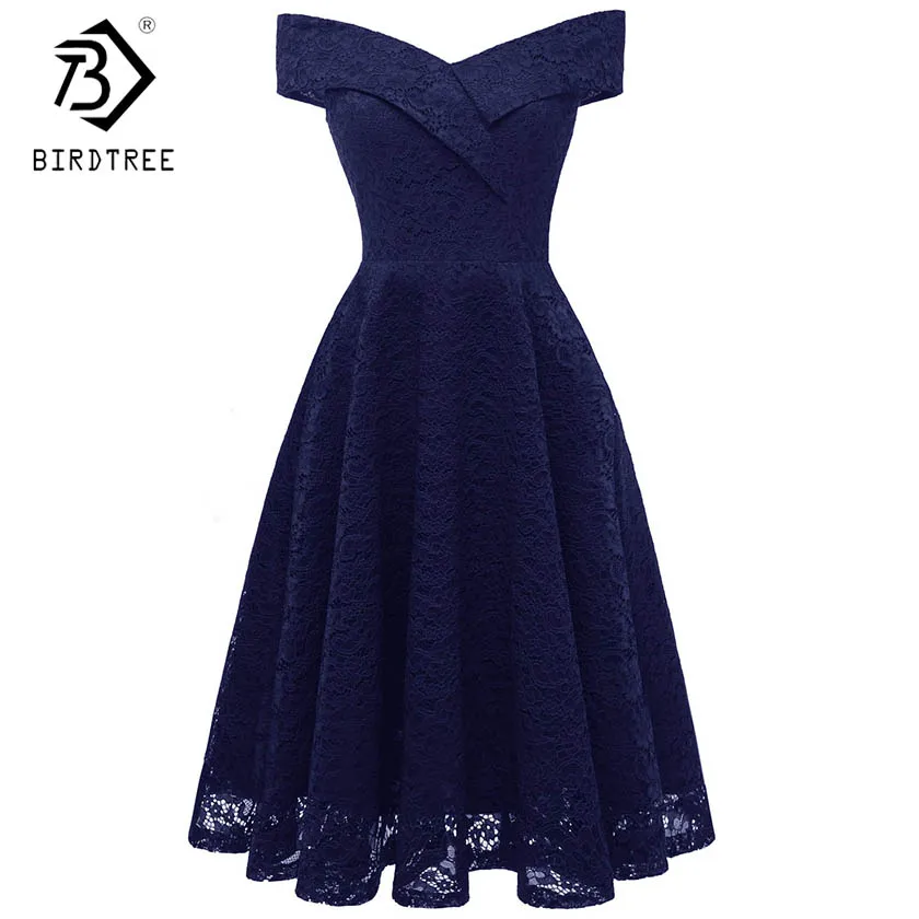 

New Summer Women Floral Lace Sexy Off Shoulder Dress Slash Neck Short Sleeve Elegance High Waist Zippers Vintage Dress D91401I