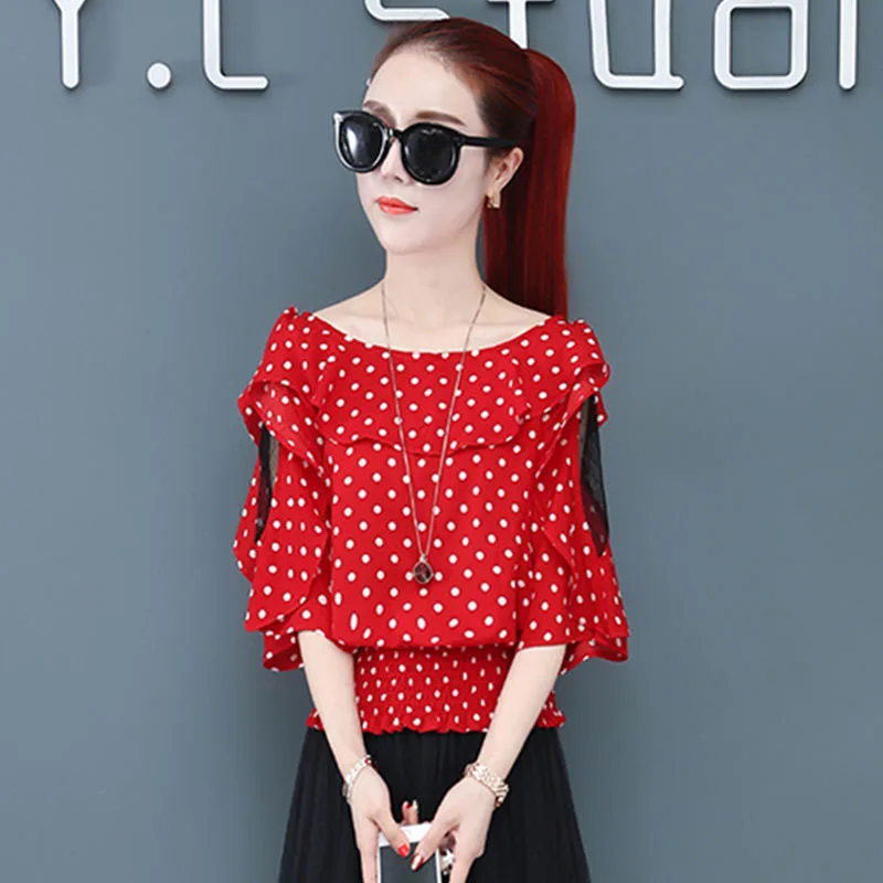 

Women Casual Spring Summer Style Chiffon Blouses Shirts Lady Half Sleeve Polka Dot Printed Off Shoulder Blusas Tops DF2821