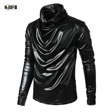 Idopy, мужские хип-хоп футболки из искусственной кожи, с длинным рукавом, с воротником-стойкой, из искусственной кожи, хипстер, хип-хоп, уличный стиль, футболки для мужчин