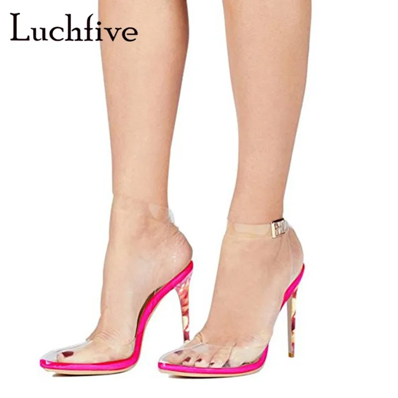 

Transparent PVC Ankle Buckle Strap Sandals Woman Sexy Thin High Heels Pointy Toe Party Shoes White Summer Clear Shoes Woman