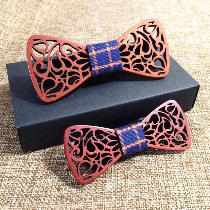  Father and son set Wooden Bow Tie And Handkerchief Set Men's Plaid Bow Tie Wood Hollow juego de tro