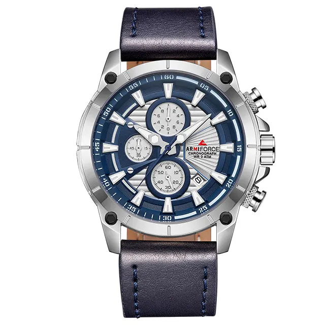 Reloj Hombre ARMIFORCE мужские часы Топ бренд класса люкс Relogio Masculino военные кожаные часы с хронографом кварцевые наручные часы - Цвет: Silver Blue