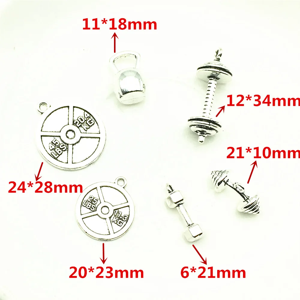 LJJAGLL металлический Серебряный микс 6 типов оборудование для фитнеса подвеска сила вес плиты гантели штанга ожерелье ювелирные изделия Diy AYD009