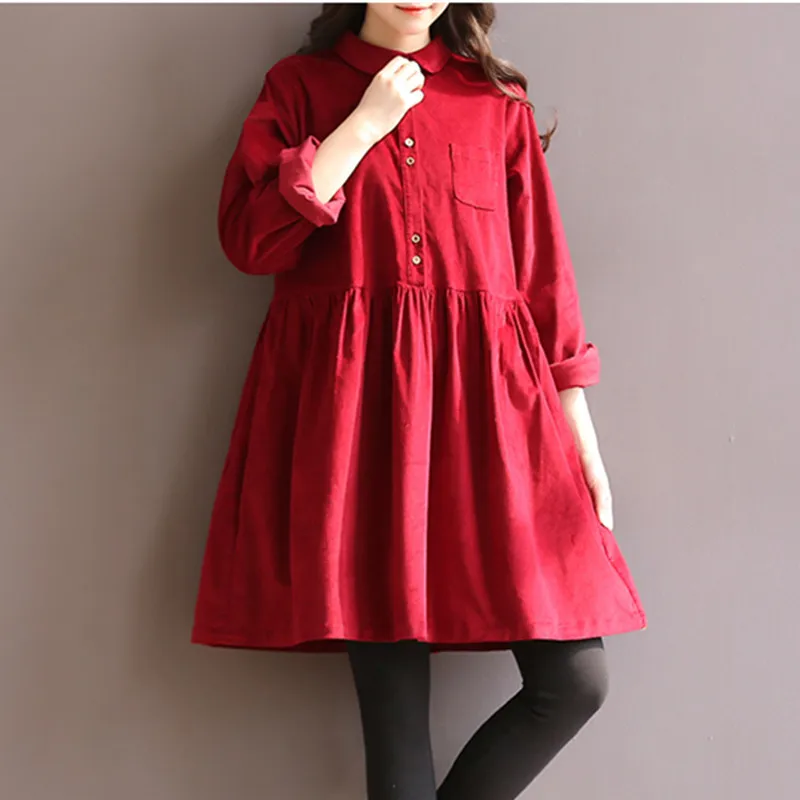 Maternity Clothes Autumn Winter Maternity Retro Long Sleeve Solid Plus Size Loose Dress Pregnancy Clothes for Pregnant Women