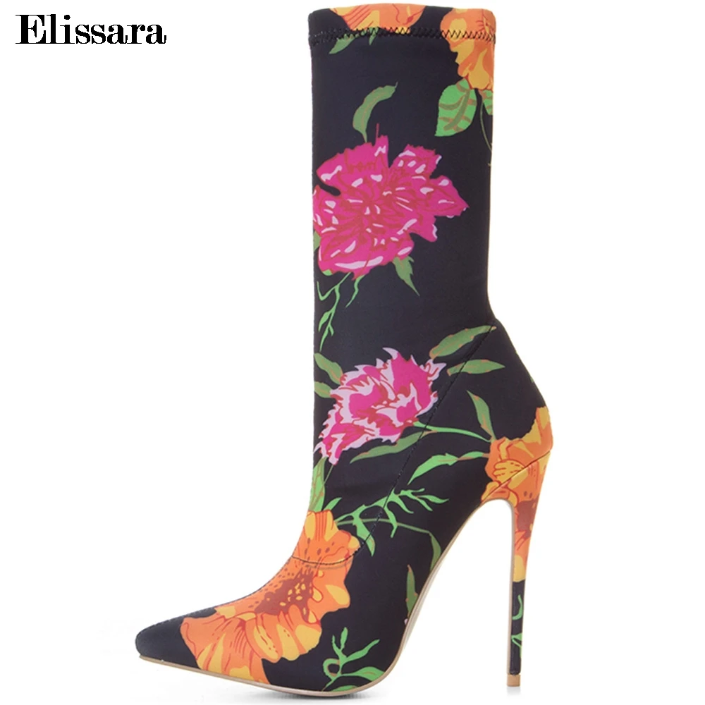 

Elissara Women High Heels Ankle Boots Shoes Women Thin Heels Boots Ladies Pointed Toe Flower Print Shoes Plus Size 33-43