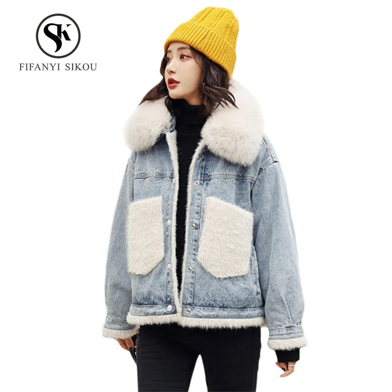 

Winter Denim jacket Women Natural Fox Fur collar Washed Denim coat Faux Rabbit Fur Lining Warm Outerwear Female Jean jackets