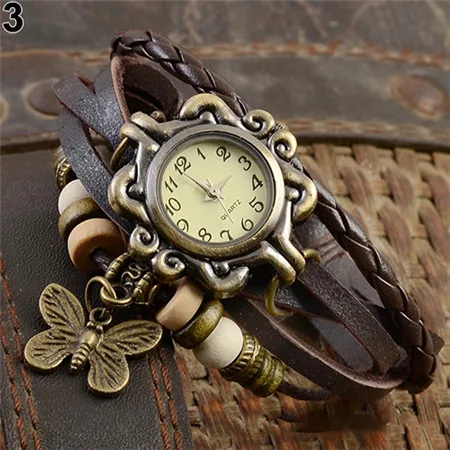 Женские повседневные винтажные Многослойные наручные часы-браслет из искусственной кожи с бабочкой - Цвет: Кофе