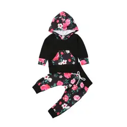 2 шт. для новорожденных одежда для малышей Одежда для мальчиков и девочек с капюшоном топы, штаны хлопок цветочные милый комплект детской