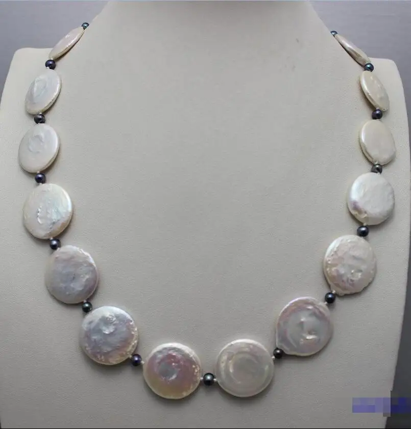 

Free shipping hot sale Women Bridal Wedding Jewelry >>18.8mm-22mm white Coin-shaped fresh water pearl necklace 19INCH