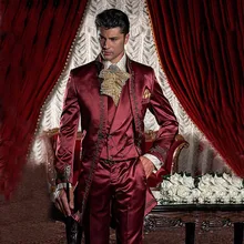 Винно-красный, Бургунди, атласный мужской костюм со стоячим воротником, винтажный итальянский стиль, торжественные смокинги, свадебные костюмы для мужчин, мужской костюм для свадьбы