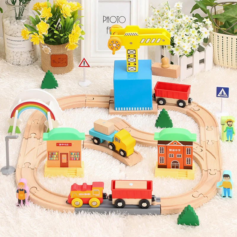 

Simple Assembled Set Wooden Train Track Toy Set Compatible with Brio Wooden Train Track Inertial Hand Sliding Toys for Kid Gifts