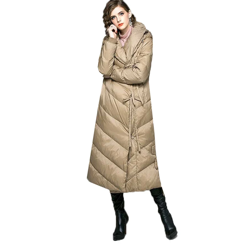 Top Autumn Winter New Ultra long Down Jacket Women Warm Hooded parkas Fashion Belt Female Elegant Casual Champagne Outwear Coat N681 1