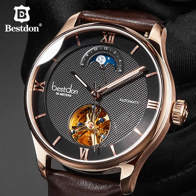 Bestdon механические мужские часы с кожаным скелетом Автоматические наручные