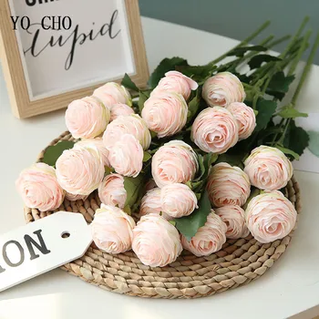 YO CHO Artificial Flowers 3 Heads Rose Branch Silk Flores Peonies for Indoor Decor Rose Artificielle Newyear Gifts Fake Flower