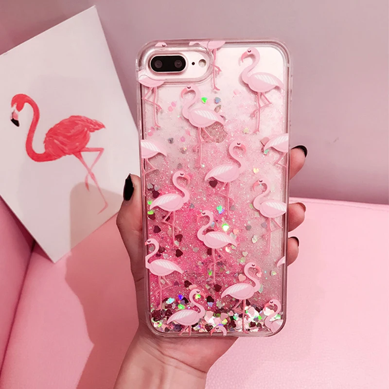 HereCase блестящие динамические жидкие Фламинго телефонные чехлы для iPhone 6 6s 7 8 Plus